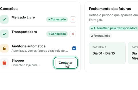 Conexões com Mercado Livre, transportadora e Shopee